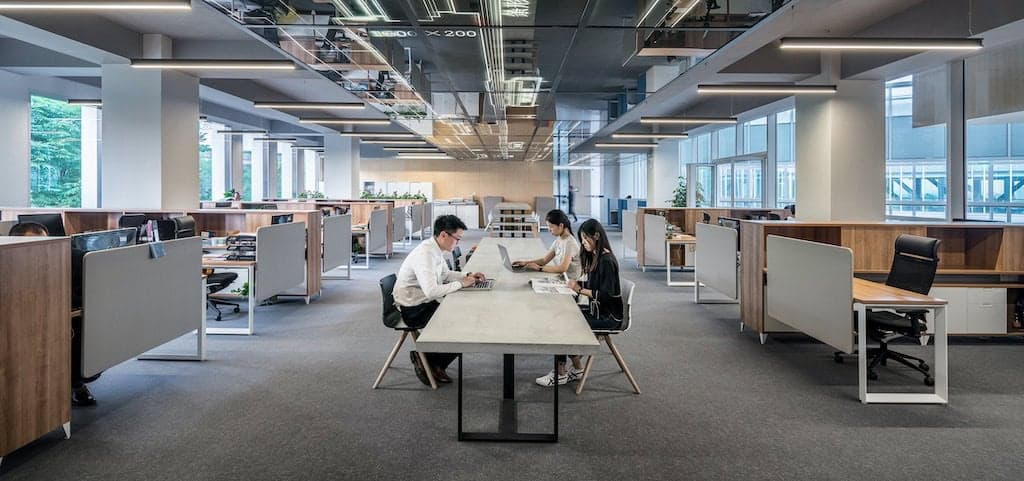 People sit at desks in empty office.