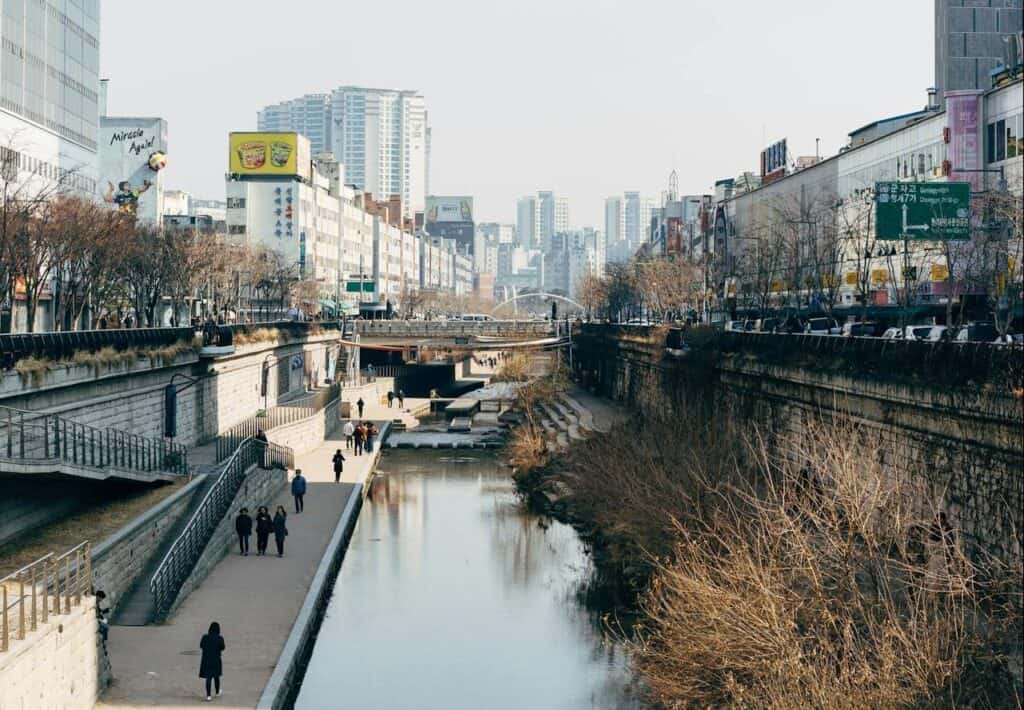 River with buildings either side in Seoul, South Korea.