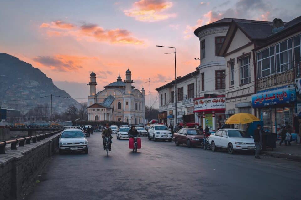 Sunset over a street in Kabul, Afghanistan.
