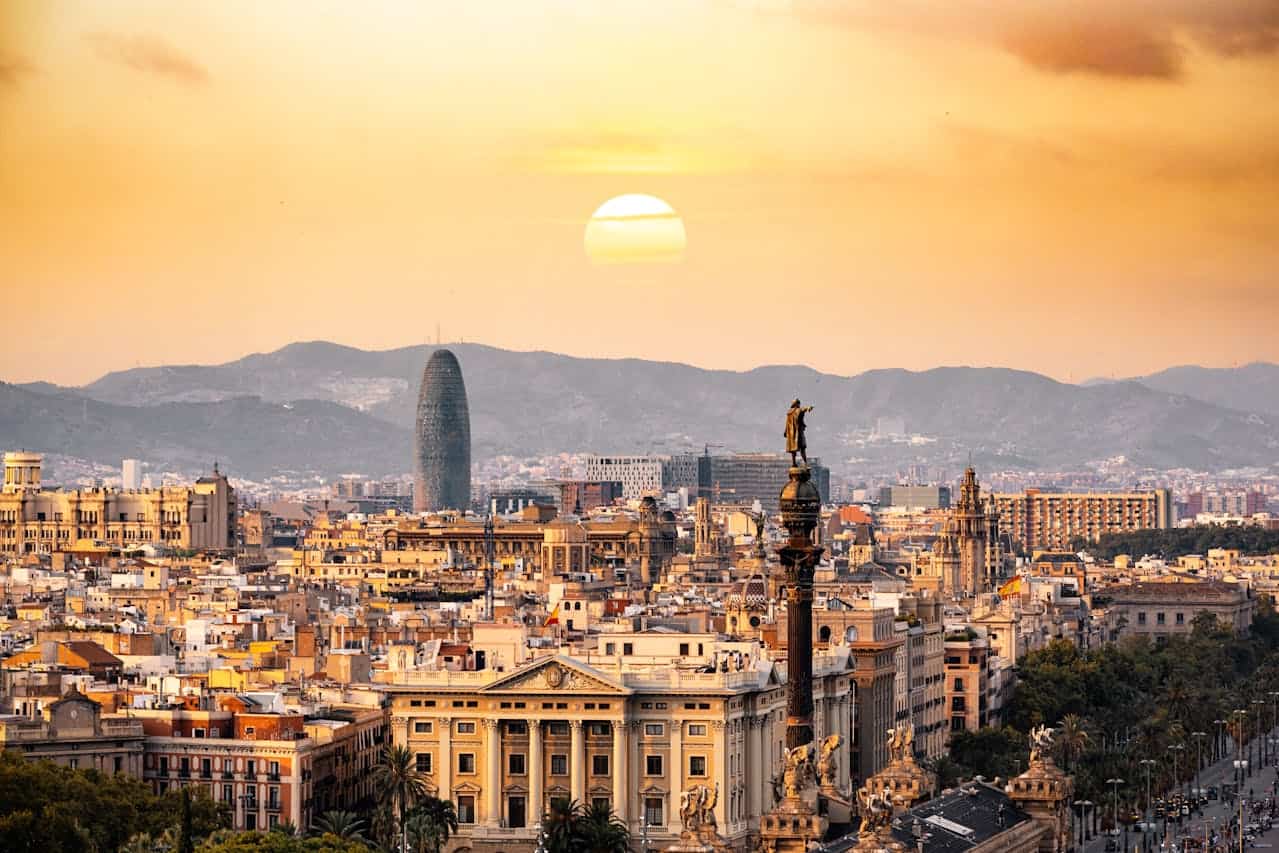 Barcelona, Spain, skyline at sunset.