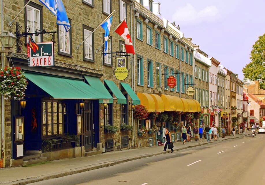 Street with French signs in Quebec, Canada.