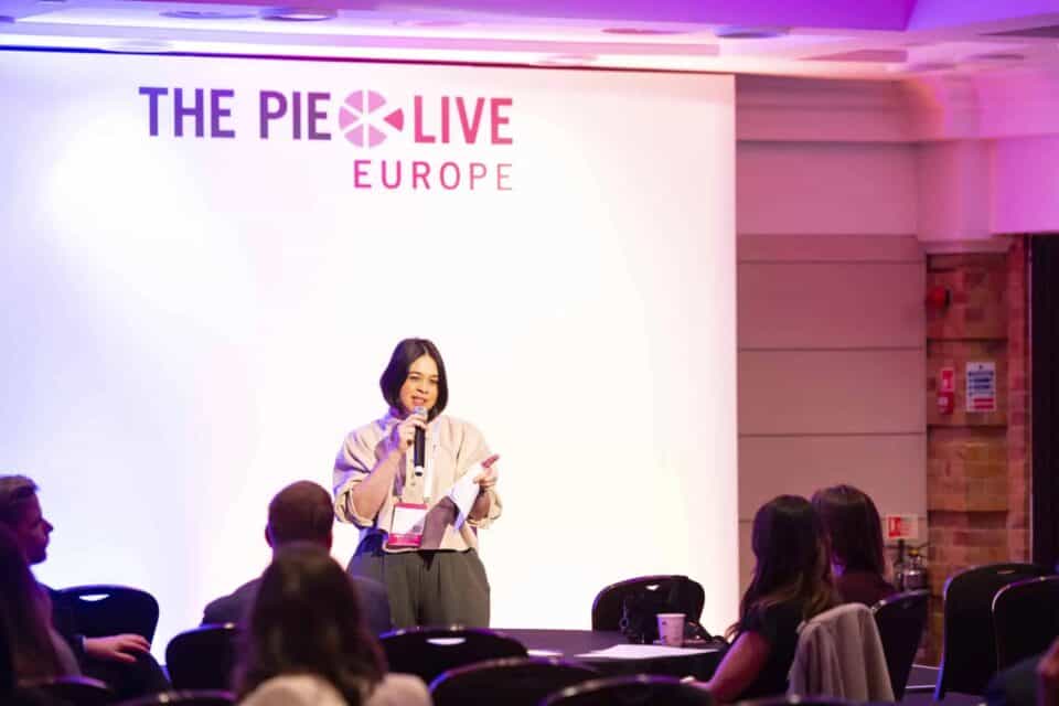 English UK chief executive Jodie Gray speaking at a conference.