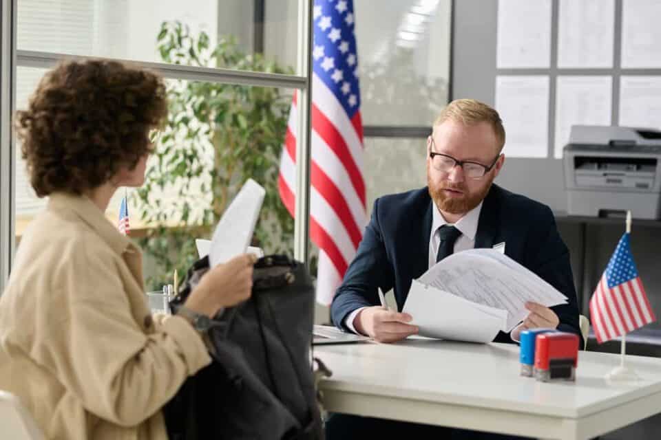 Woman at US visa appointment.