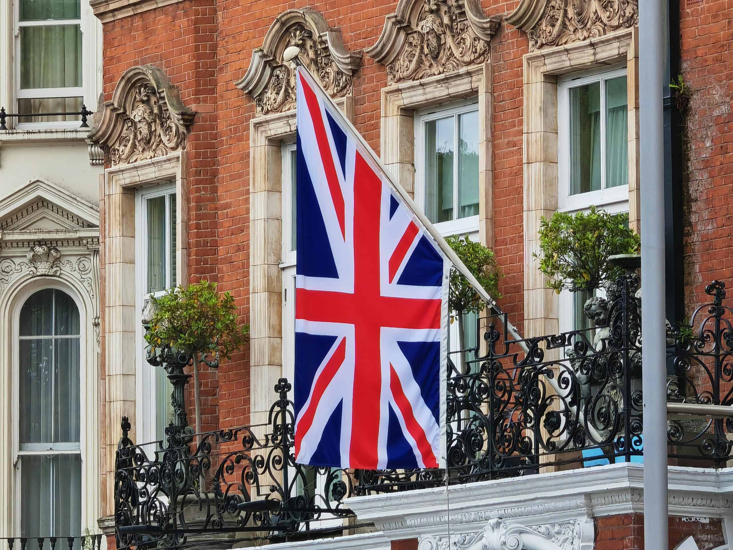 British flag hangs in front of a building