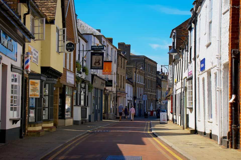High street and shops in Cambridge, UK.